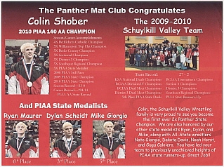Schuylkill Valley High School Wrestling 2010 Team Accomplishments and End of Season Standings